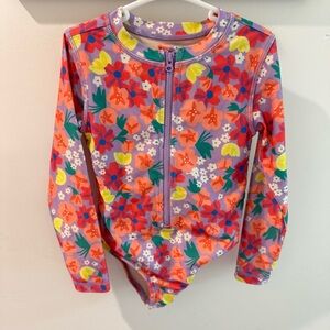 Tea Collection Long Sleeve One Piece Swimsuit Painted Squash & Hibiscus Print 4Y